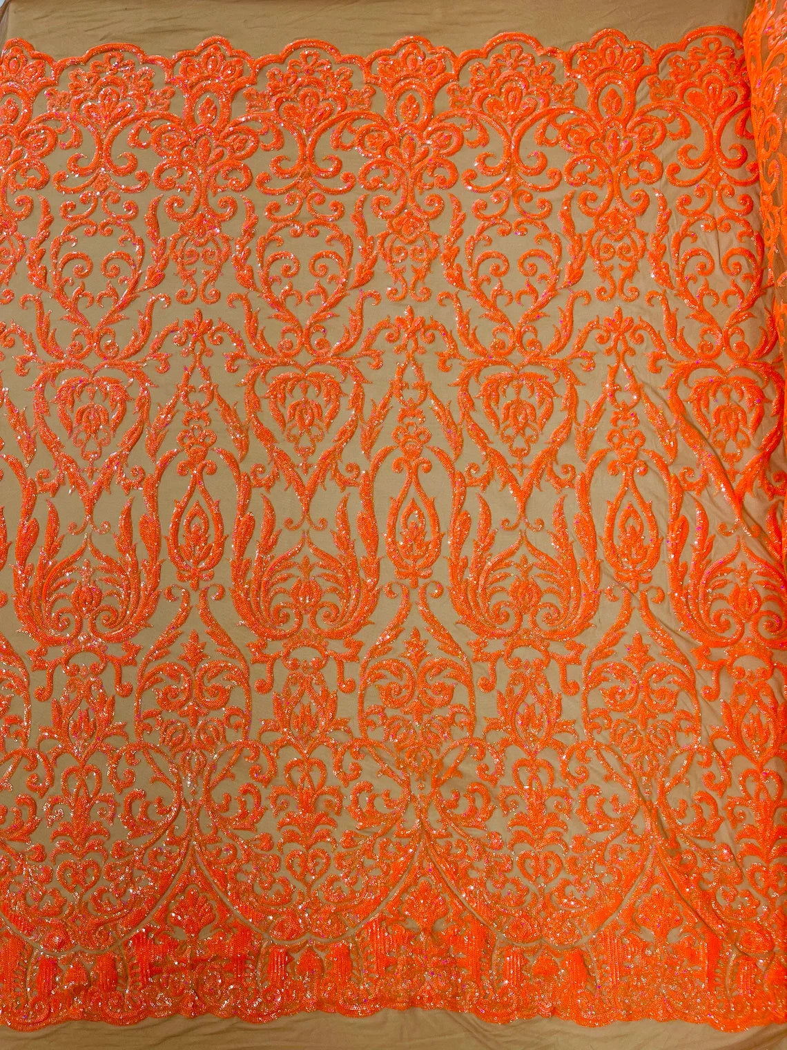 Damask Decor Sequins - Orange Holographic - 4 Way Stretch Design High Quality Fabric By Yard