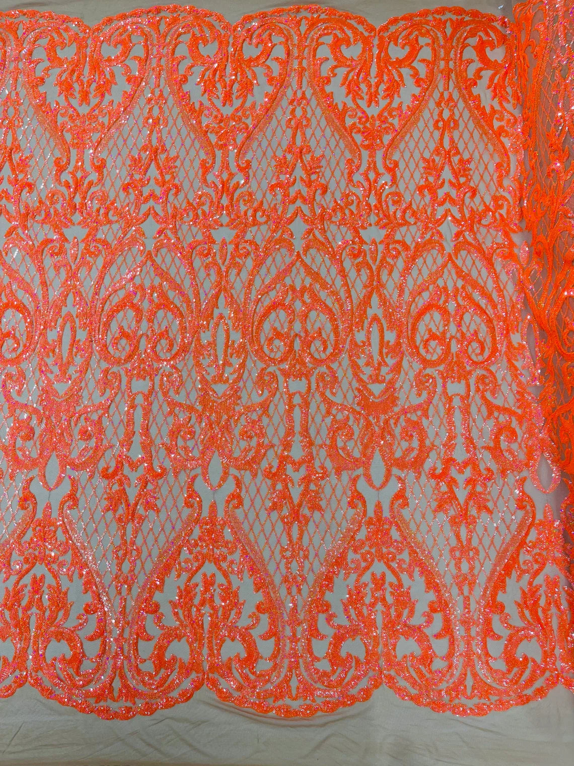 Heart Damask Sequins - Orange Holographic on Nude - 4 Way Stretch Elegant Shiny Net Sequins Fabric By Yard