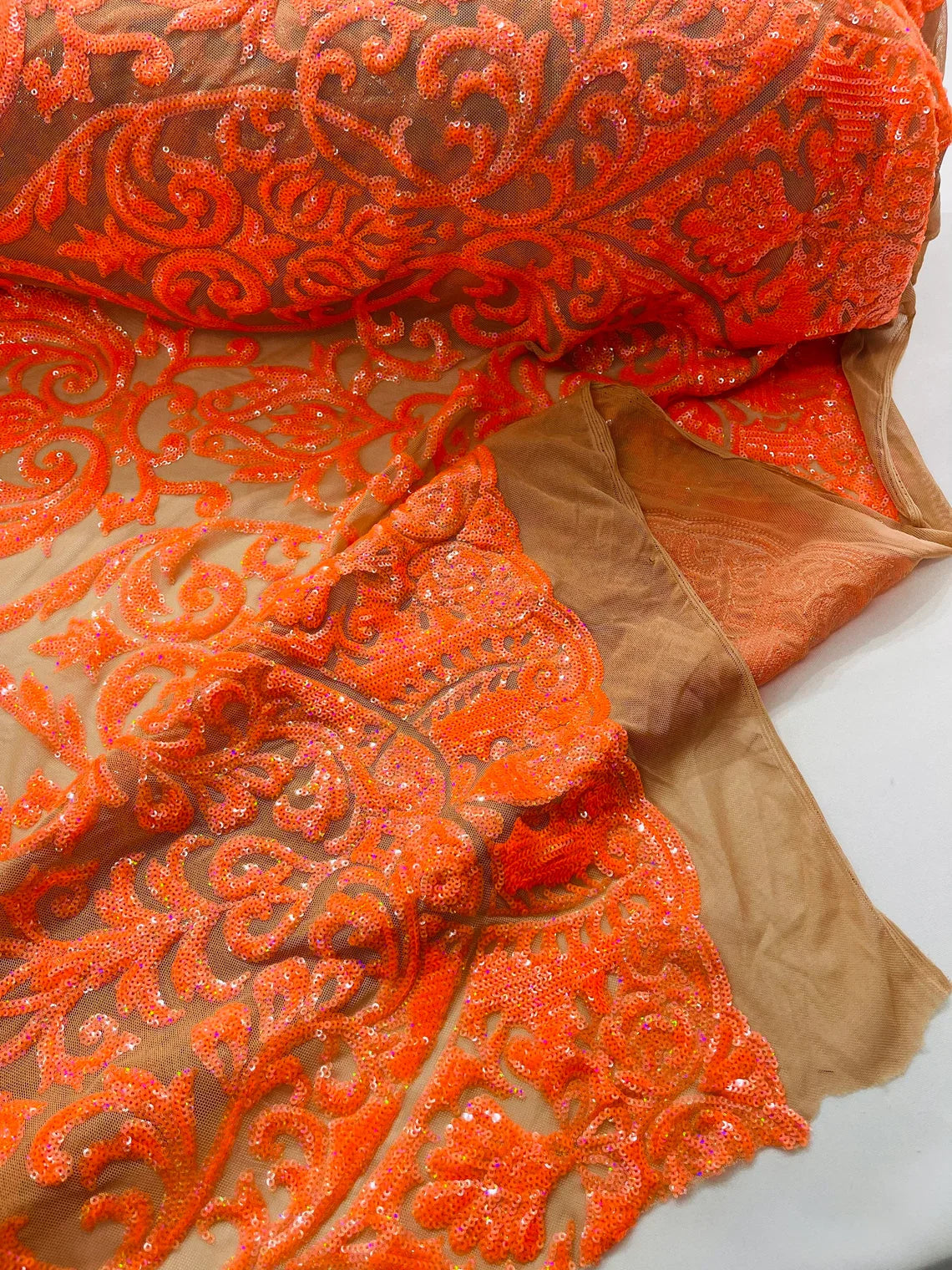 Damask Decor Sequins - Orange Holographic - 4 Way Stretch Design High Quality Fabric By Yard