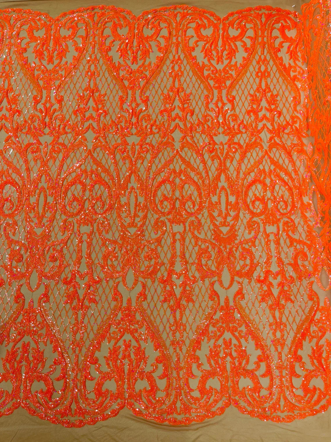 Heart Damask Sequins - Orange Holographic on Nude - 4 Way Stretch Elegant Shiny Net Sequins Fabric By Yard