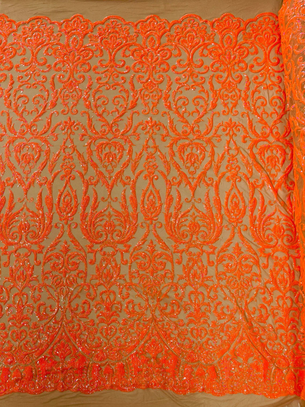Damask Decor Sequins - Orange Holographic - 4 Way Stretch Design High Quality Fabric By Yard