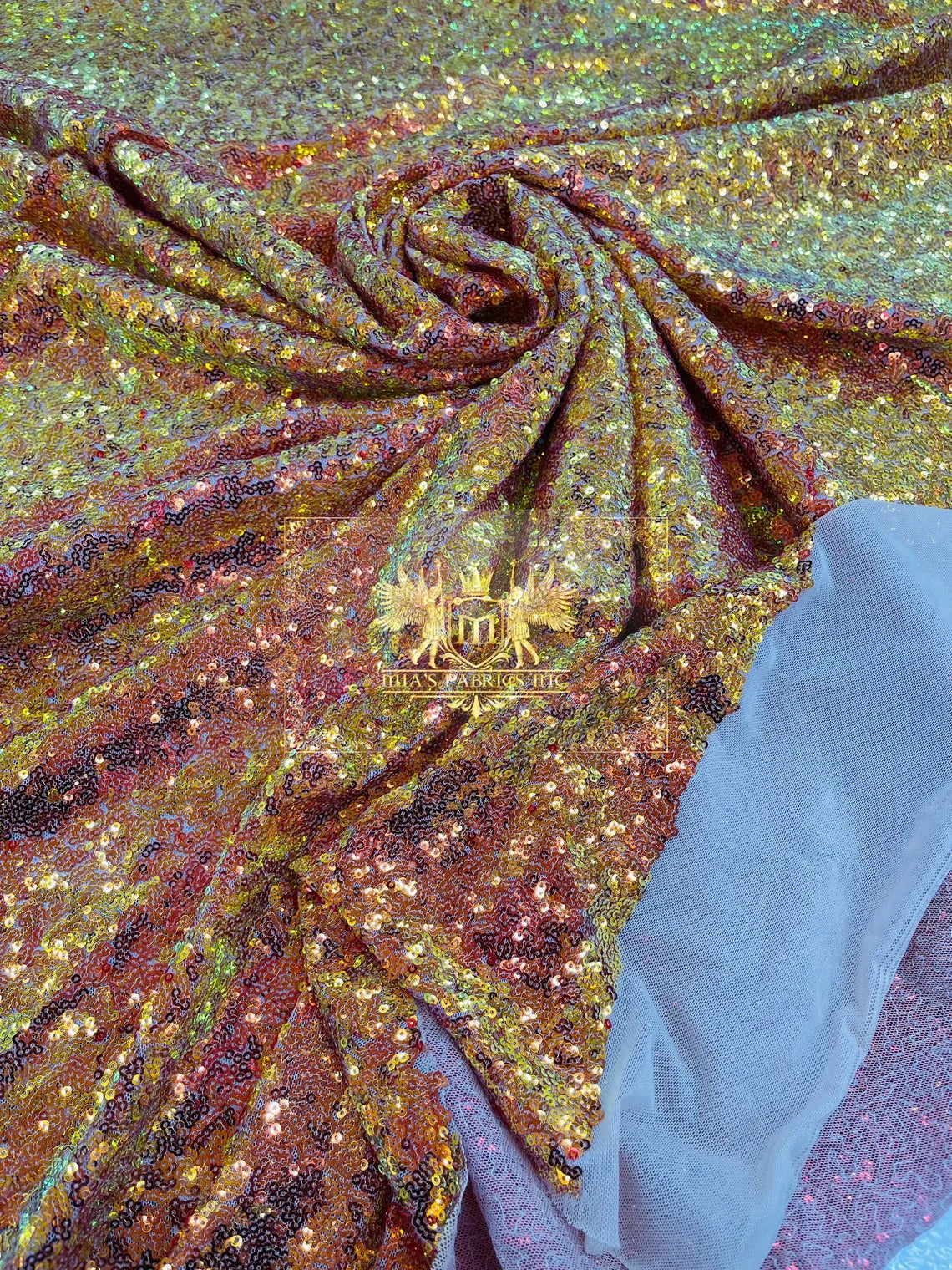 Mini Glitz Sequins - Orange Iridescent - 4 Way Stretch Mini Glitz Sequins on Mesh Fabric Sold By Yard