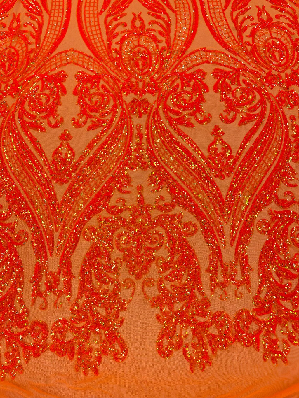 Big Damask Sequins Fabric - Orange Iridescent - 4 Way Stretch Damask Sequins Design Fabric By Yard