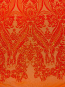 Big Damask Sequins Fabric - Orange Iridescent - 4 Way Stretch Damask Sequins Design Fabric By Yard
