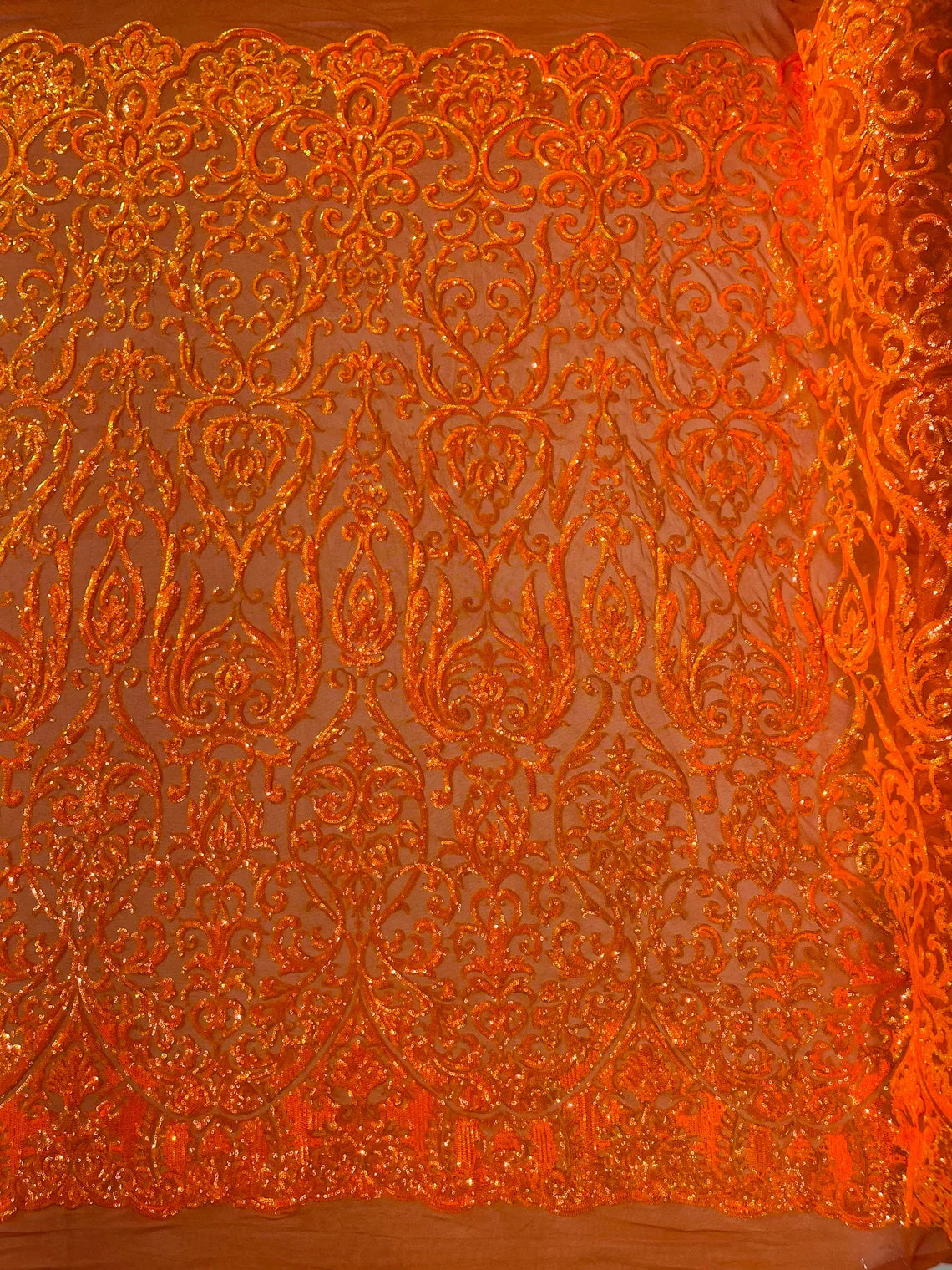 Damask Decor Sequins - Orange Iridescent - 4 Way Stretch Design High Quality Fabric By Yard