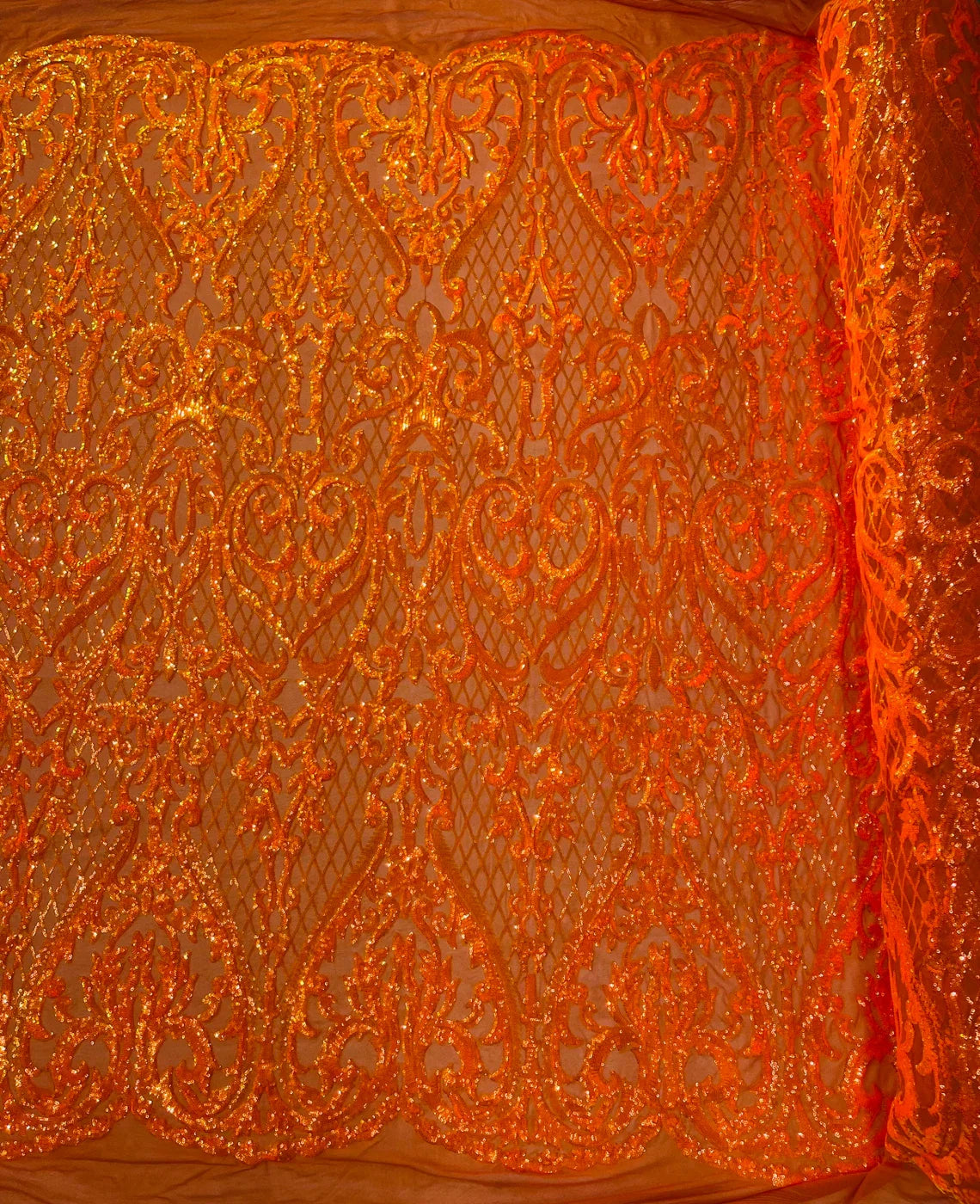 Heart Damask Sequins - Orange Iridescent - 4 Way Stretch Elegant Shiny Net Sequins Fabric By Yard