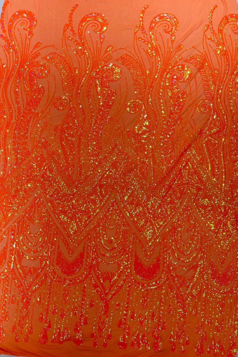 Zig Zag Design Sequins - Orange Iridescent - 4 Way Stretch Embroidered Zig Zag Sequins Lace Fabric By Yard