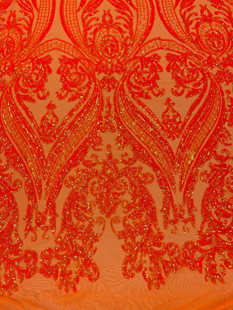 Big Damask Sequins Fabric - Orange Iridescent - 4 Way Stretch Damask Sequins Design Fabric By Yard