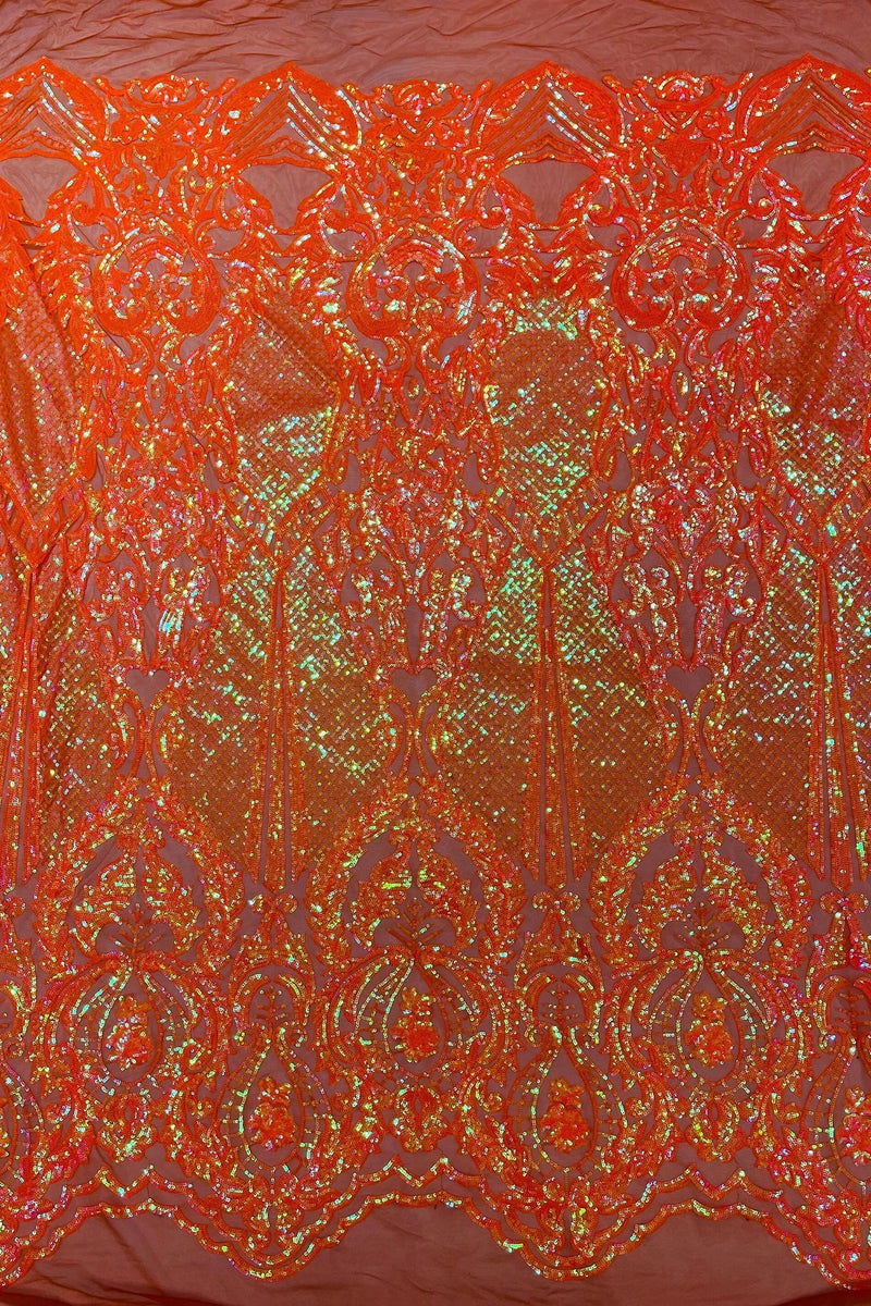 4 Way Stretch Fabric - Orange Iridescent - Embroidered Pattern Design Sequins Fabric on Mesh By Yard