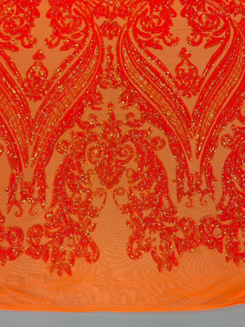 Big Damask Sequins Fabric - Orange Iridescent - 4 Way Stretch Damask Sequins Design Fabric By Yard