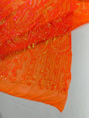 Zig Zag Design Sequins - Orange Iridescent - 4 Way Stretch Embroidered Zig Zag Sequins Lace Fabric By Yard