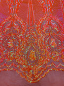4 Way Stretch Fabric - Orange Iridescent - Embroidered Pattern Design Sequins Fabric on Mesh By Yard