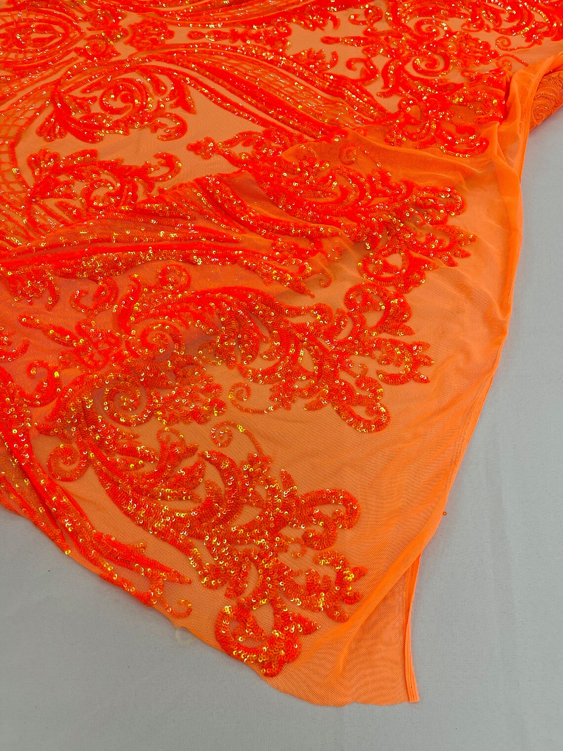 Big Damask Sequins Fabric - Orange Iridescent - 4 Way Stretch Damask Sequins Design Fabric By Yard