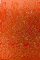 Zig Zag Design Sequins - Orange Iridescent - 4 Way Stretch Embroidered Zig Zag Sequins Lace Fabric By Yard