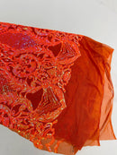 4 Way Stretch Fabric - Orange Iridescent - Embroidered Pattern Design Sequins Fabric on Mesh By Yard