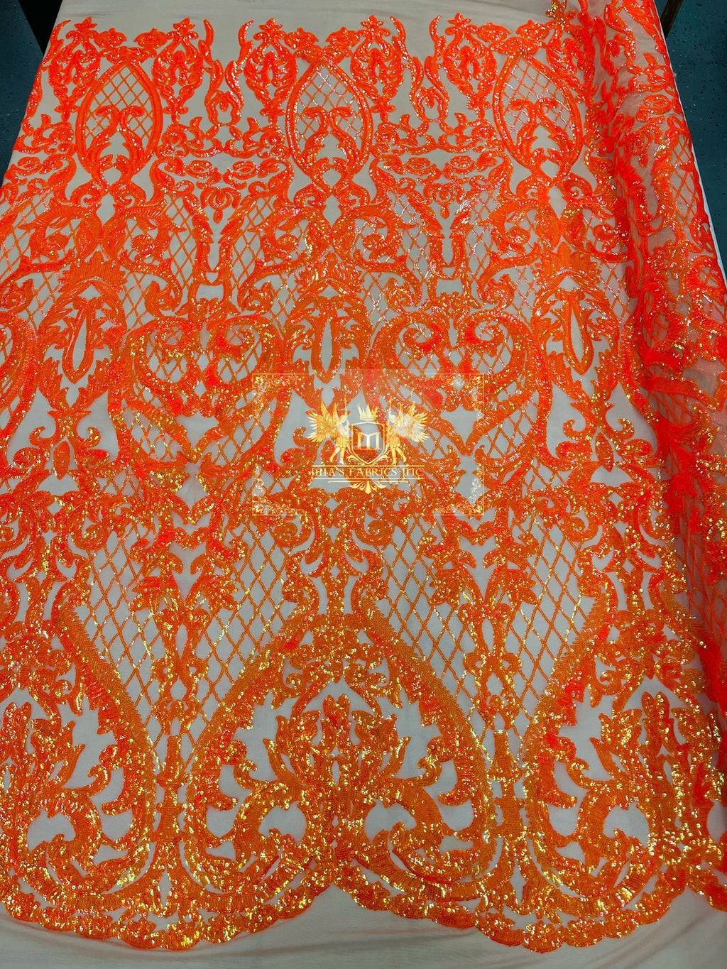 Heart Damask Sequins - Orange Iridescent - 4 Way Stretch Elegant Shiny Net Sequins Fabric By Yard
