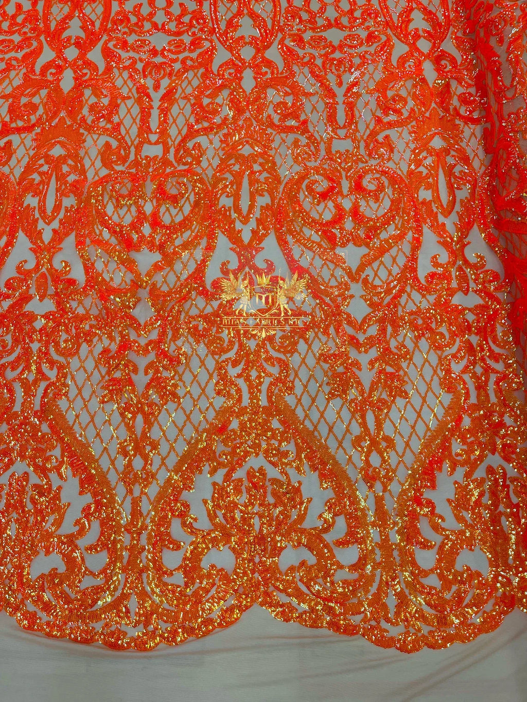 Heart Damask Sequins - Orange Iridescent - 4 Way Stretch Elegant Shiny Net Sequins Fabric By Yard