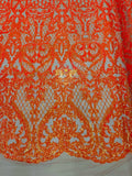 Heart Damask Sequins - Orange Iridescent - 4 Way Stretch Elegant Shiny Net Sequins Fabric By Yard