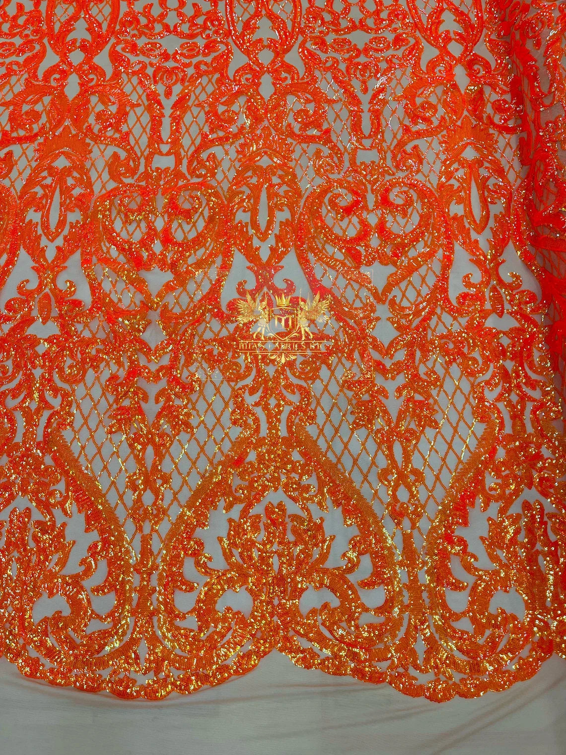 Heart Damask Sequins - Orange Iridescent - 4 Way Stretch Elegant Shiny Net Sequins Fabric By Yard