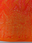 Zig Zag Design Sequins - Orange Iridescent - 4 Way Stretch Embroidered Zig Zag Sequins Lace Fabric By Yard