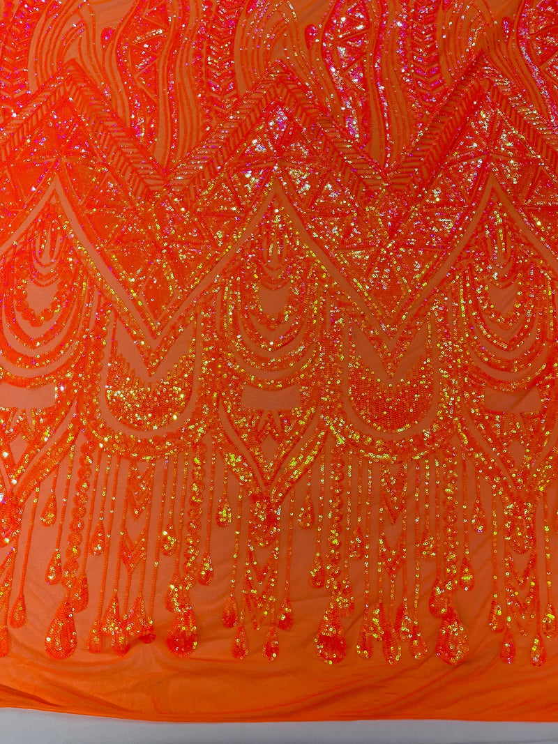 Zig Zag Design Sequins - Orange Iridescent - 4 Way Stretch Embroidered Zig Zag Sequins Lace Fabric By Yard