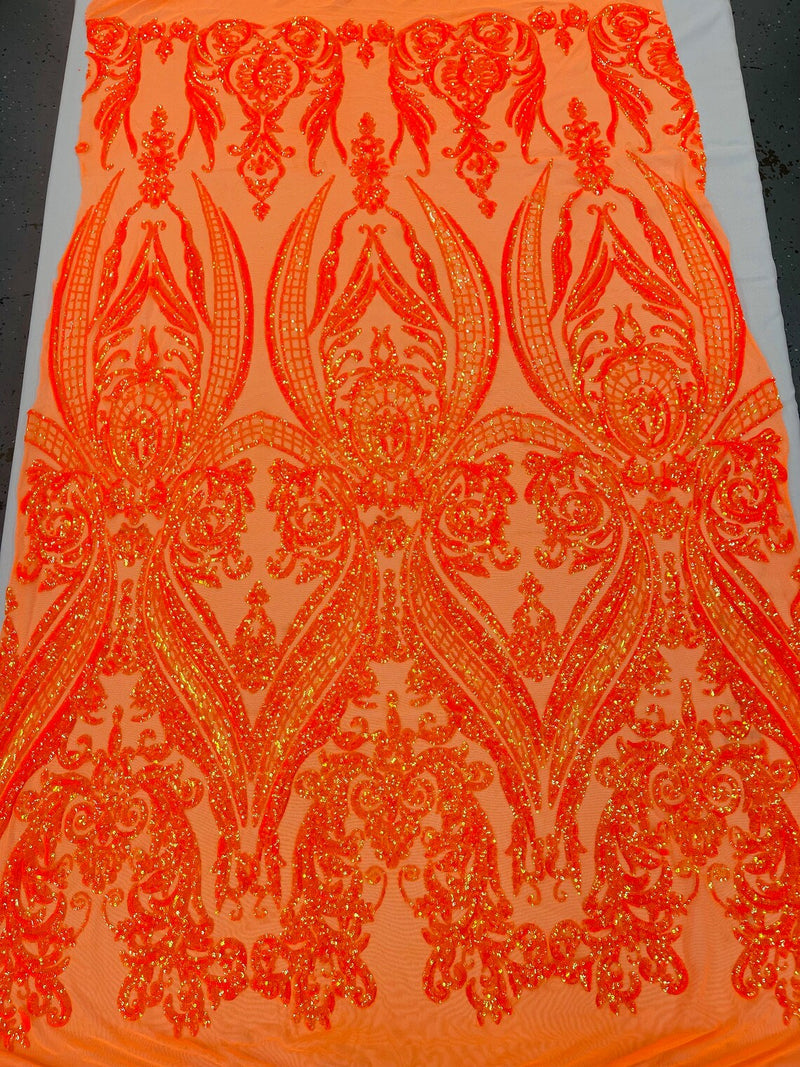 Big Damask Sequins Fabric - Orange Iridescent - 4 Way Stretch Damask Sequins Design Fabric By Yard