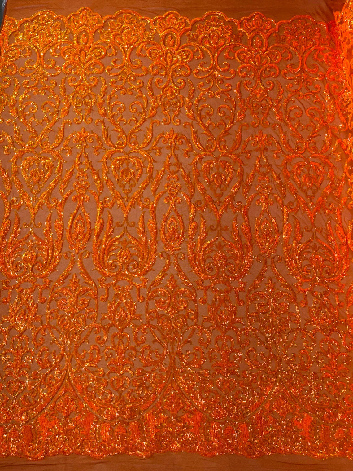 Damask Decor Sequins - Orange Iridescent - 4 Way Stretch Design High Quality Fabric By Yard