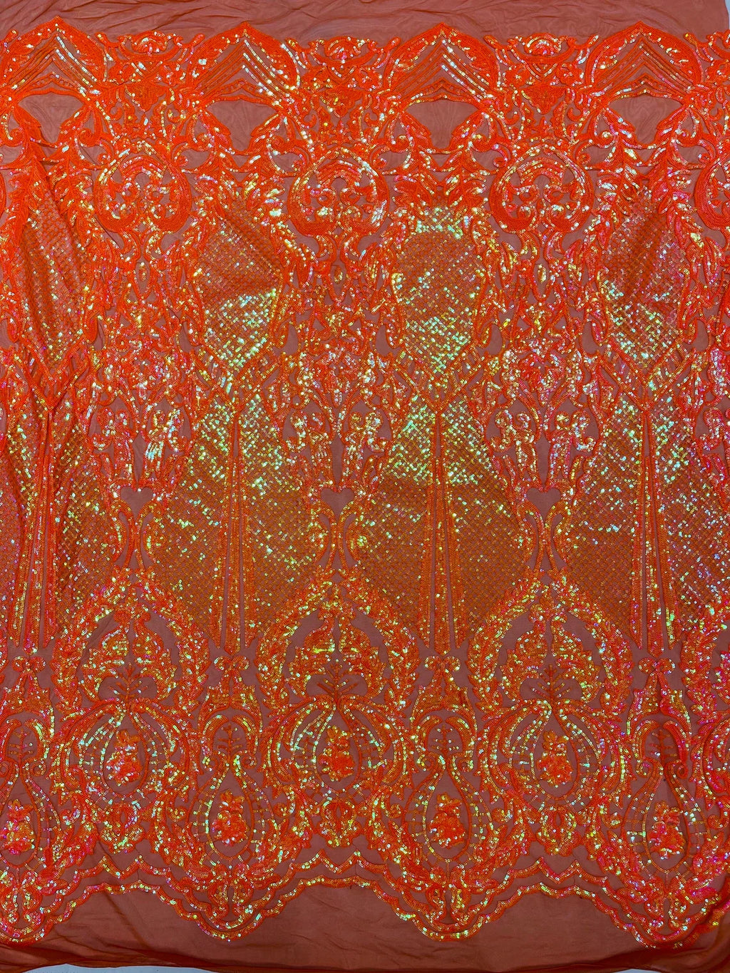 4 Way Stretch Fabric - Orange Iridescent - Embroidered Pattern Design Sequins Fabric on Mesh By Yard