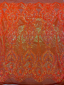 4 Way Stretch Fabric - Orange Iridescent - Embroidered Pattern Design Sequins Fabric on Mesh By Yard