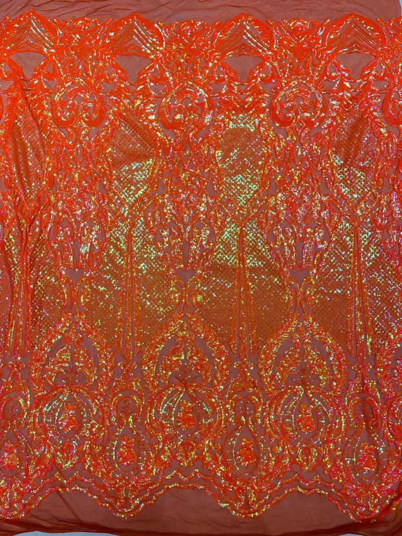 4 Way Stretch Fabric - Orange Iridescent - Embroidered Pattern Design Sequins Fabric on Mesh By Yard
