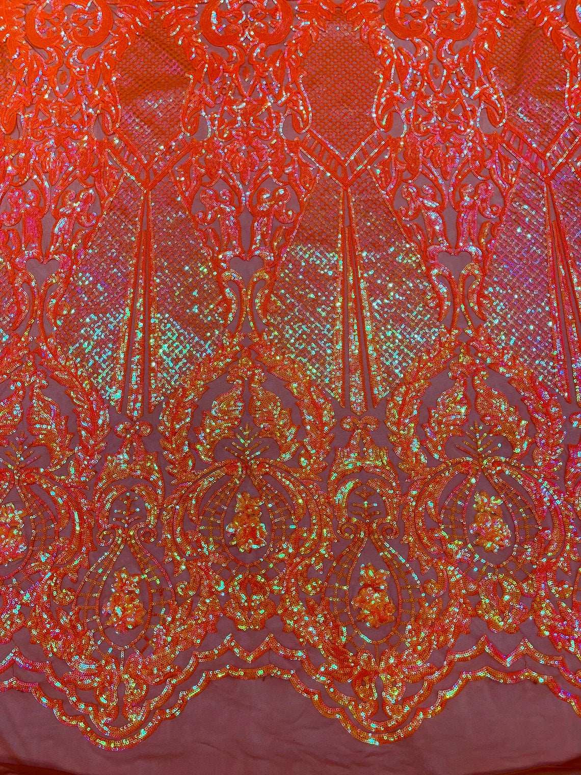4 Way Stretch Fabric - Orange Iridescent - Embroidered Pattern Design Sequins Fabric on Mesh By Yard