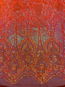 4 Way Stretch Fabric - Orange Iridescent - Embroidered Pattern Design Sequins Fabric on Mesh By Yard