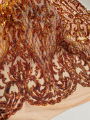 Heart Damask Sequins - Orange Iridescent - 4 Way Stretch Sequins Fabric By Yard