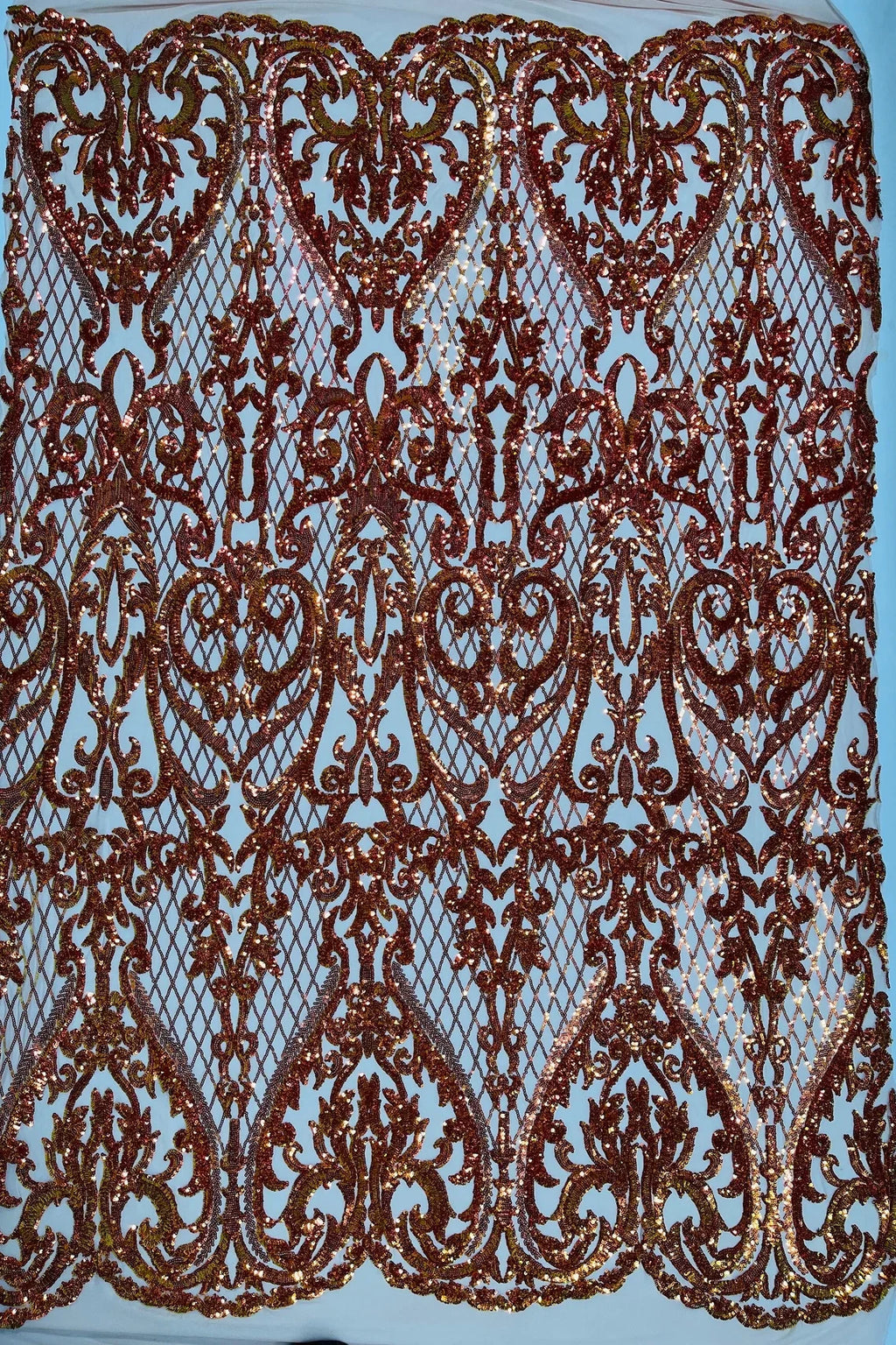 Heart Damask Sequins - Orange Iridescent - 4 Way Stretch Sequins Fabric By Yard