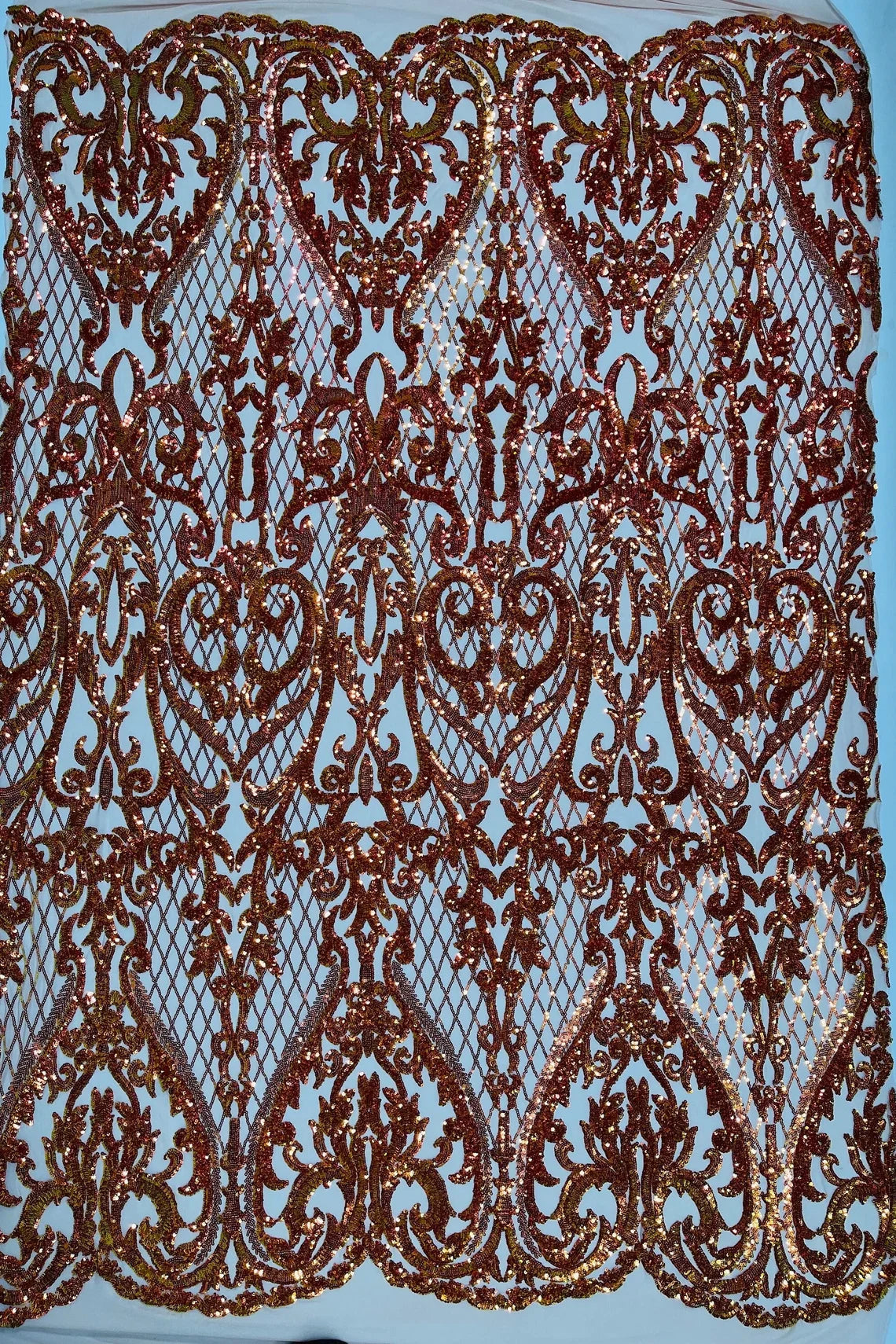 Heart Damask Sequins - Orange Iridescent - 4 Way Stretch Sequins Fabric By Yard