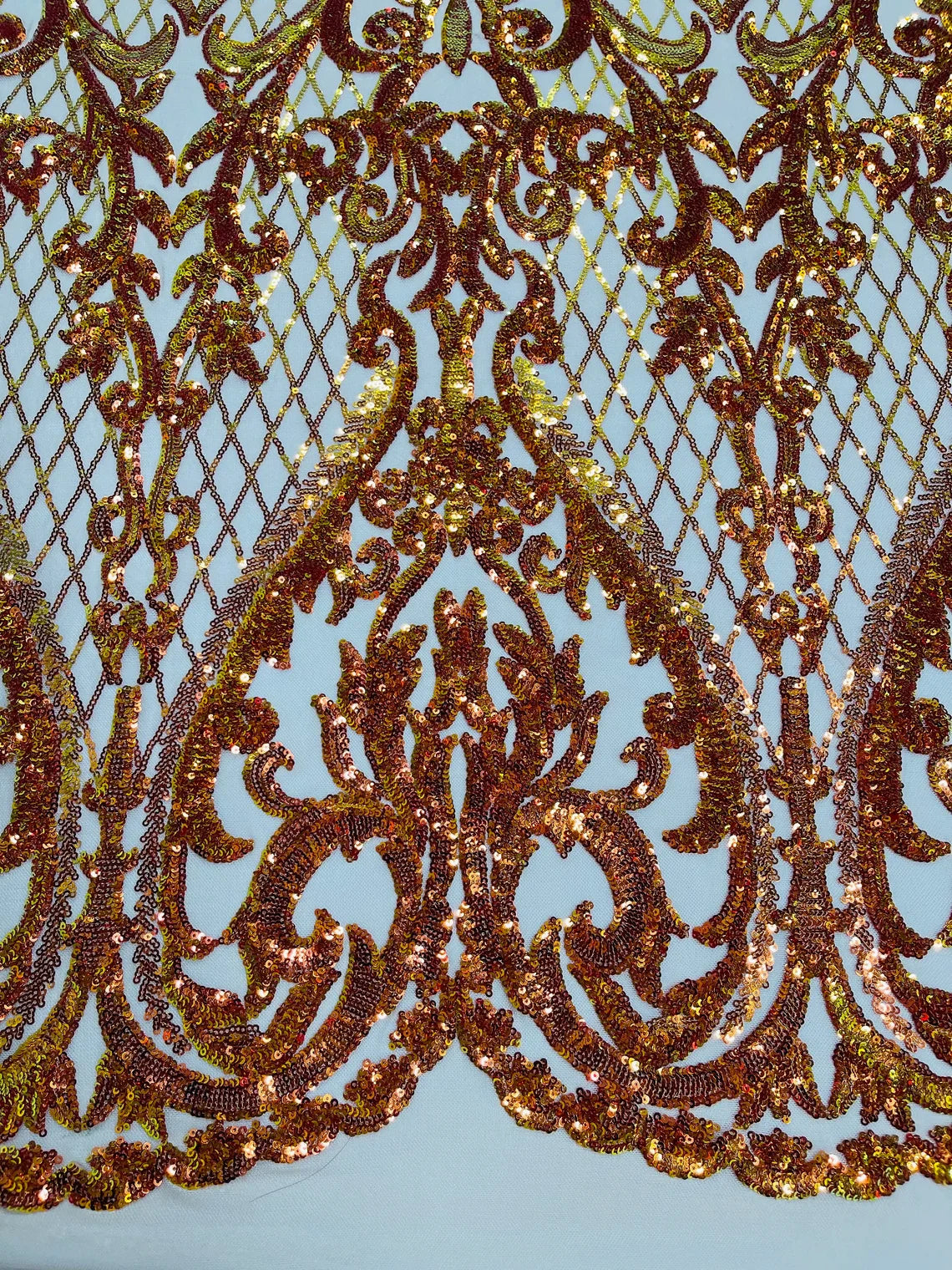 Heart Damask Sequins - Orange Iridescent - 4 Way Stretch Sequins Fabric By Yard