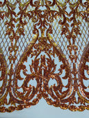 Heart Damask Sequins - Orange Iridescent - 4 Way Stretch Sequins Fabric By Yard