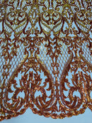 Heart Damask Sequins - Orange Iridescent - 4 Way Stretch Sequins Fabric By Yard