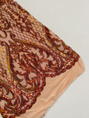 Heart Damask Sequins - Orange Iridescent - 4 Way Stretch Sequins Fabric By Yard