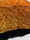 Stretch Velvet Sequins Fabric - Orange Iridescent - Velvet Sequins 2 Way Stretch 58/60” By Yard