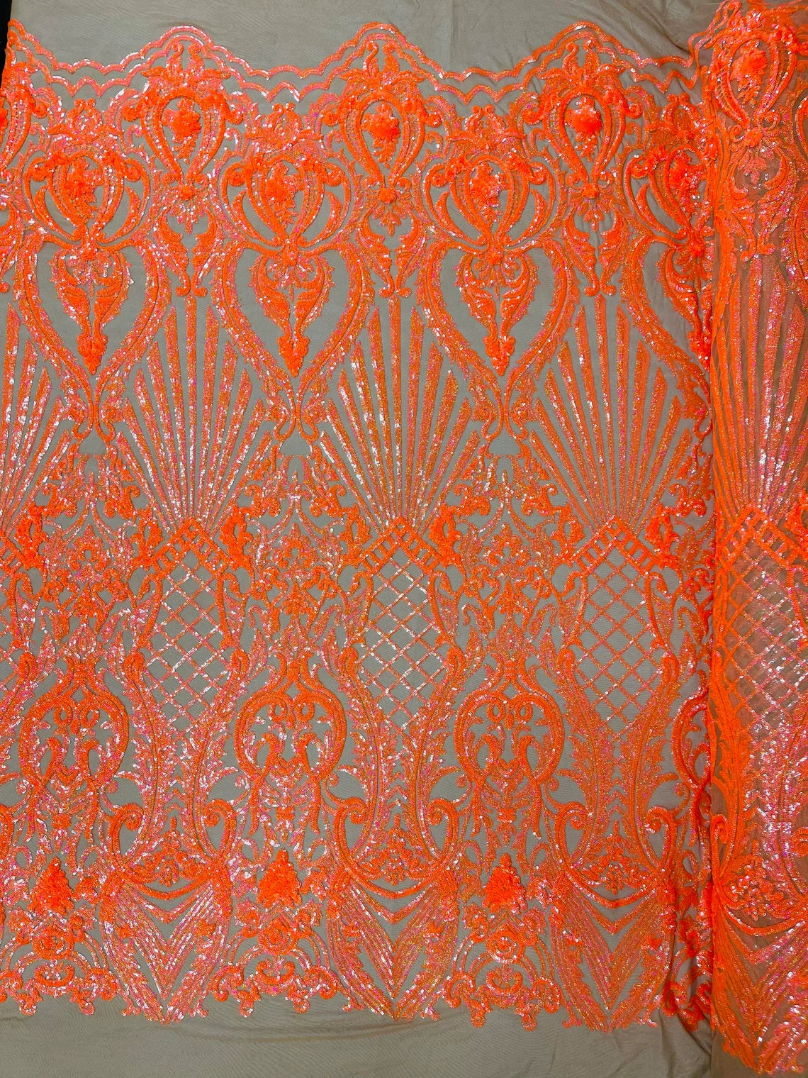 Damask Geometric Sequins - Orange on Nude - 4 Way Stretch Sequins Damask Pattern Design Sold By Yard