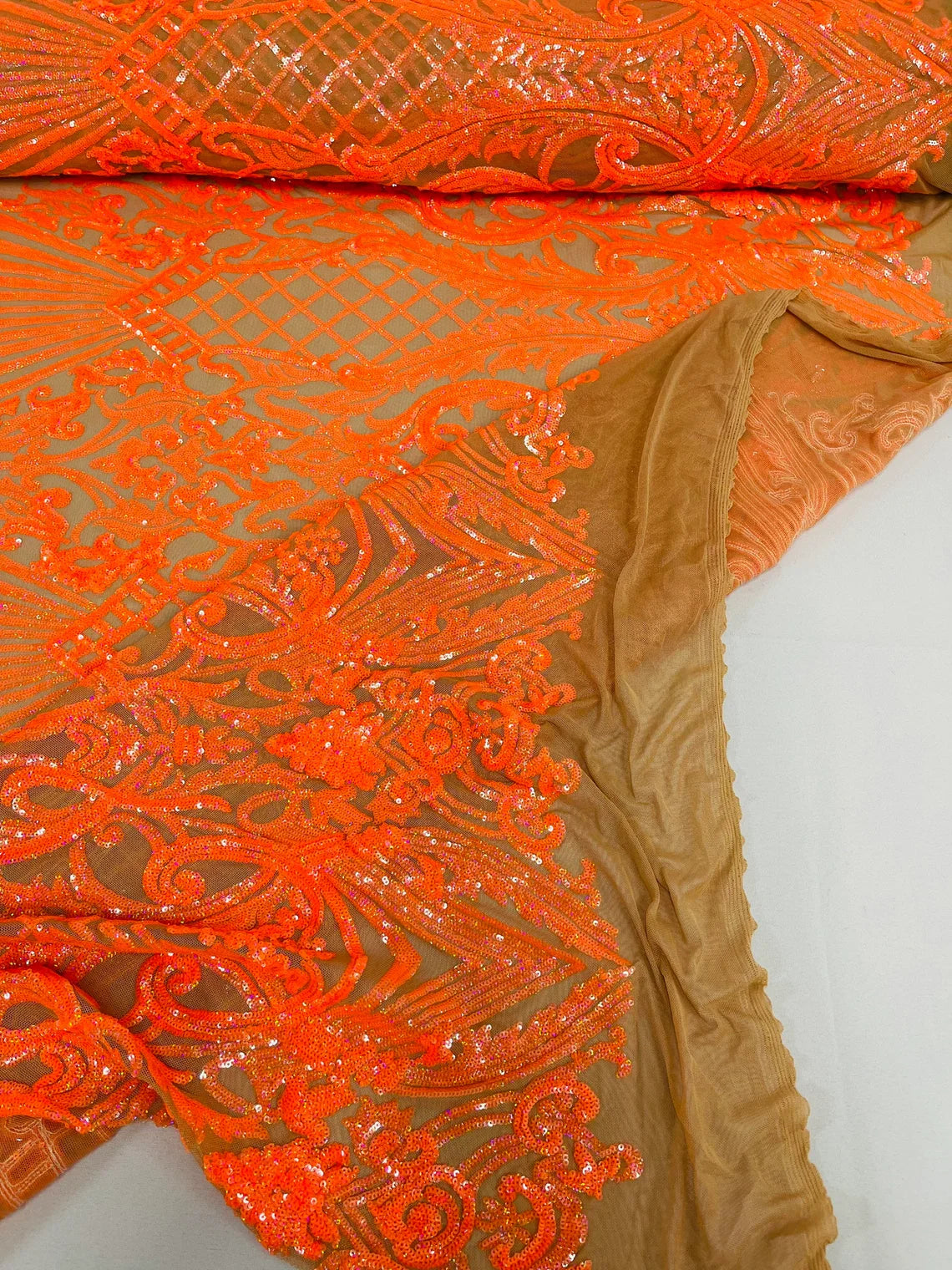 Damask Geometric Sequins - Orange on Nude - 4 Way Stretch Sequins Damask Pattern Design Sold By Yard
