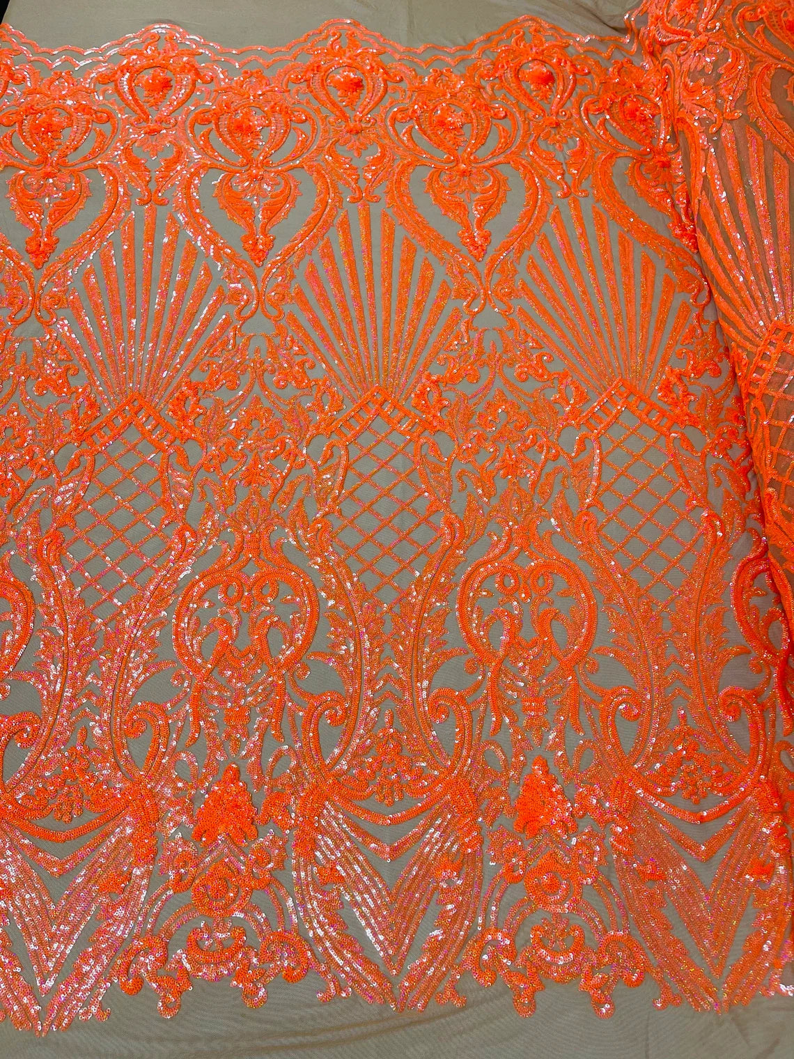 Damask Geometric Sequins - Orange on Nude - 4 Way Stretch Sequins Damask Pattern Design Sold By Yard