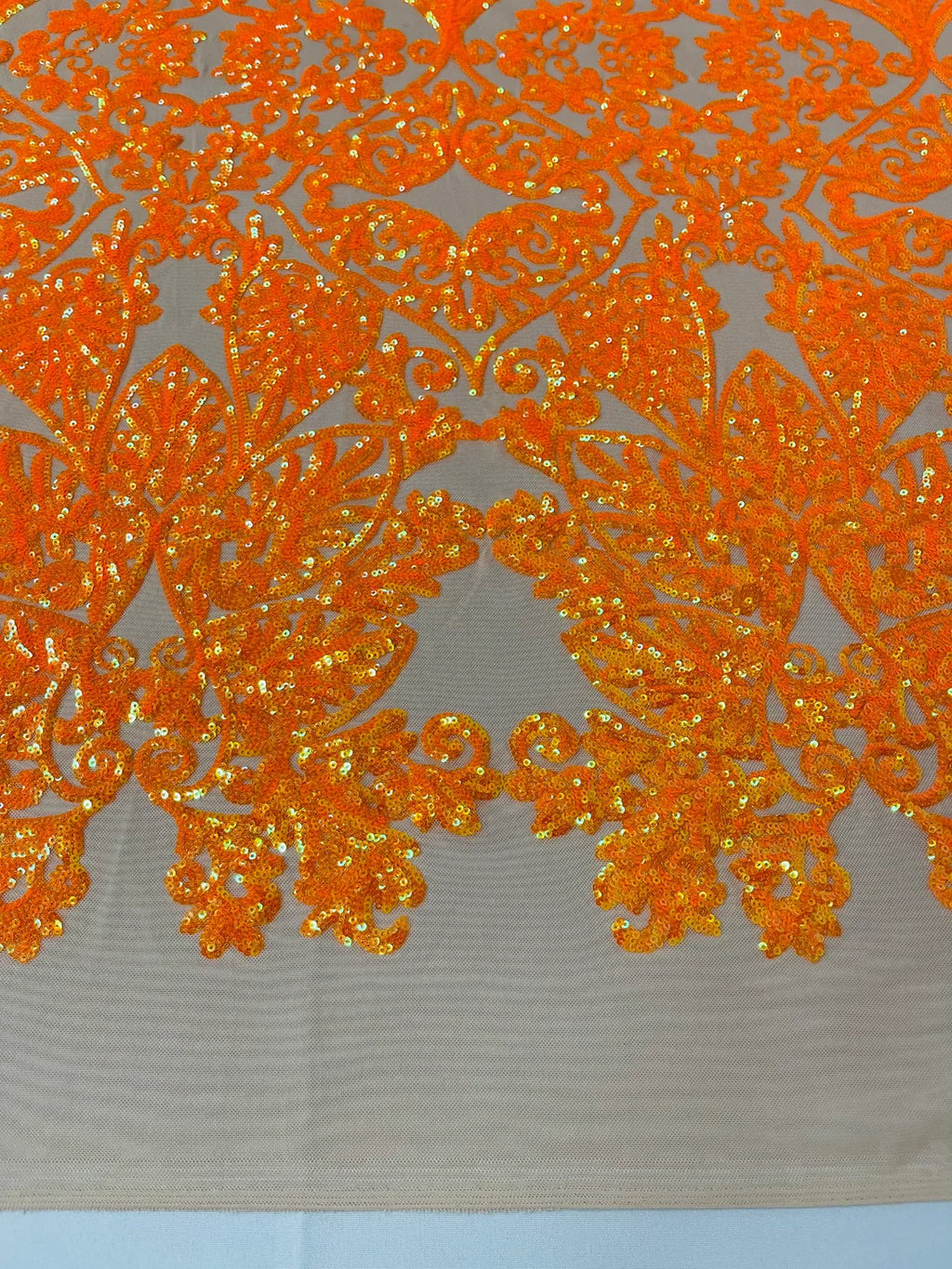 Damask Heart Design - Orange on Nude- Damask with Heart Design Sequins on Mesh By Yard