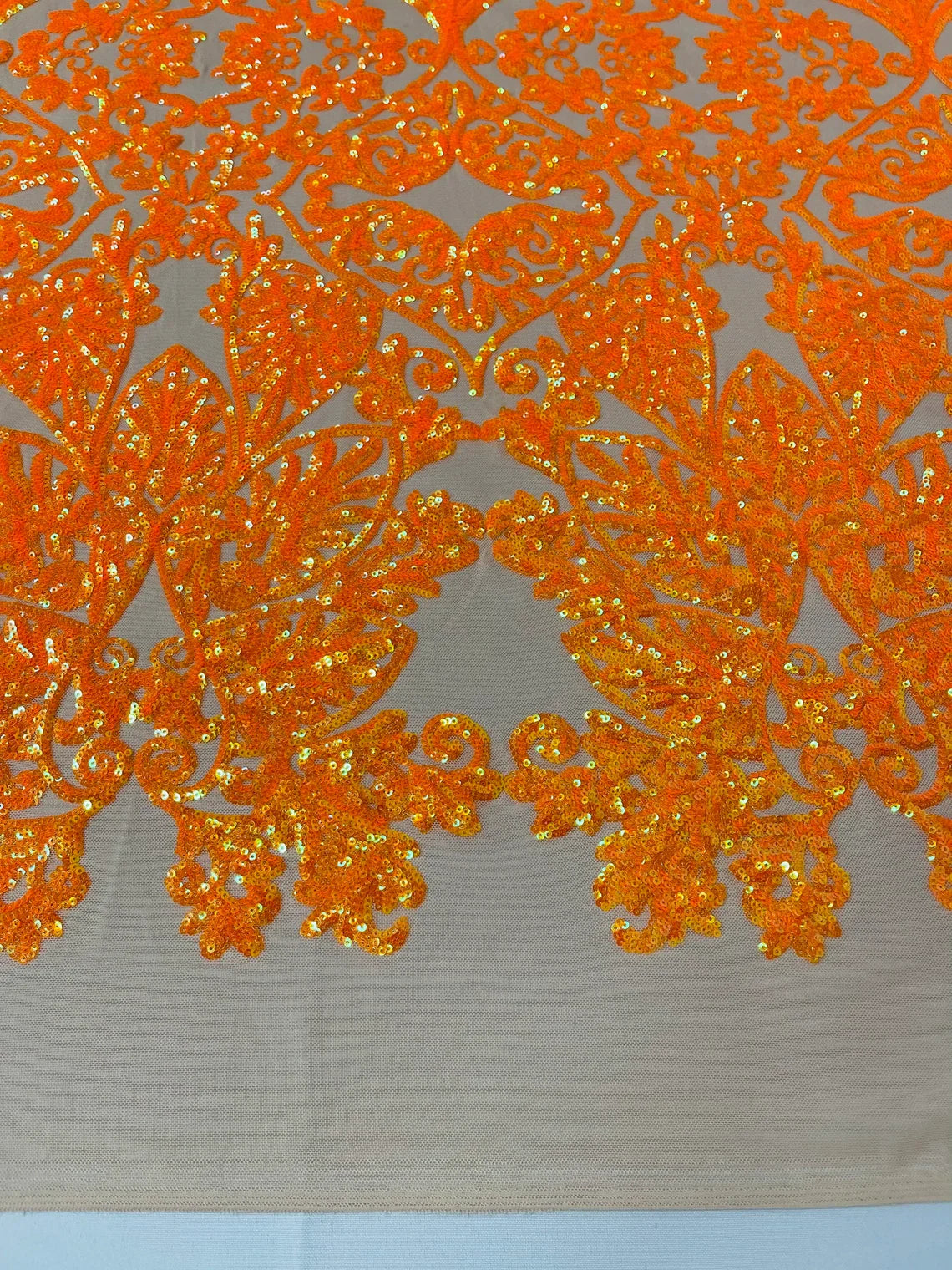 Damask Heart Design - Orange on Nude- Damask with Heart Design Sequins on Mesh By Yard