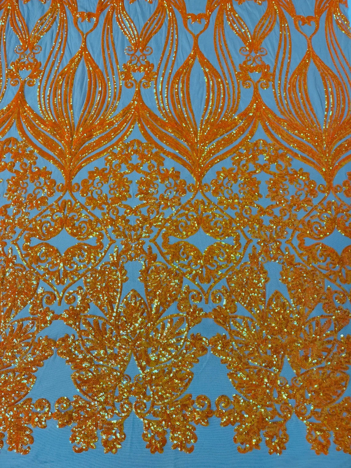 Damask Heart Design - Orange on Nude- Damask with Heart Design Sequins on Mesh By Yard