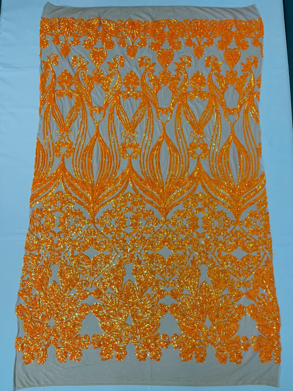 Damask Heart Design - Orange on Nude- Damask with Heart Design Sequins on Mesh By Yard