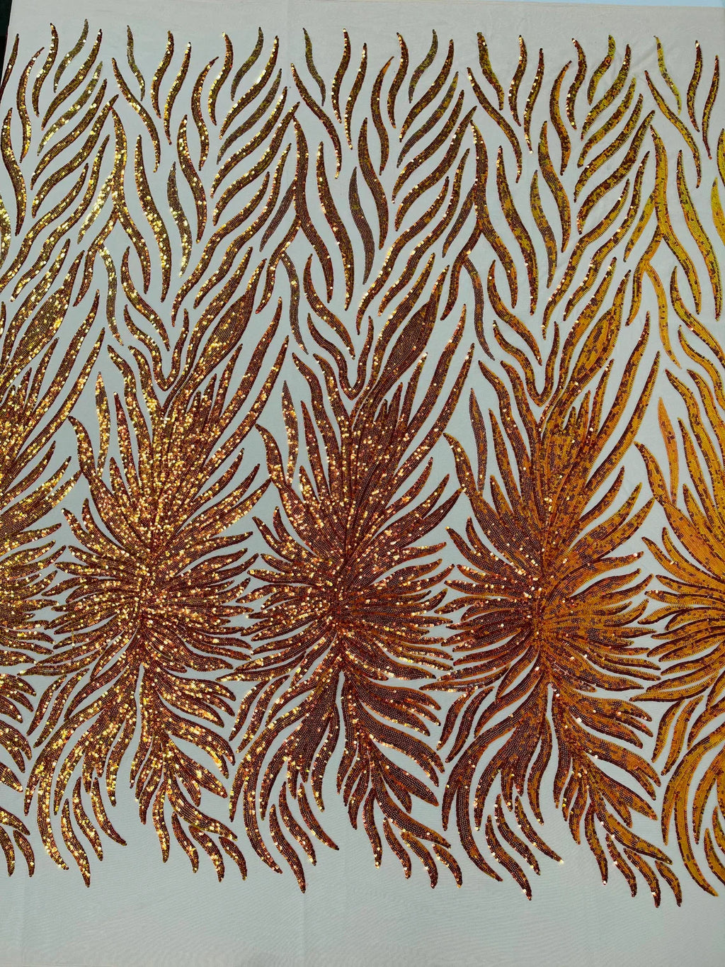 Angel Wing Sequin Design - Iridescent Orange - Wing Patterns Embroidered with Sequins on Mesh Sold By Yard