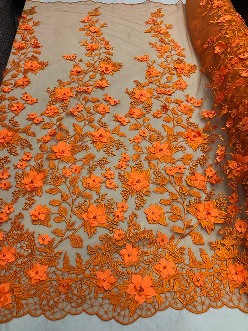 3D Pearl Floral Fabric - Floral Design Embroidered on Mesh Lace Fabric - 25 Yard Roll