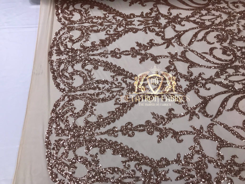 4 Way Stretch - Rose Gold - Sequins Damask Design Fabric Embroidered On Mesh Sold By The Yard